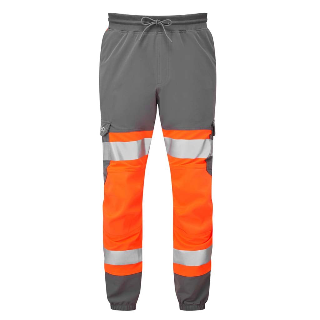 Leo Workwear Hi Vis Stretch Grey Contrast Slim Fitting Joggers - Hawkridge - JT01