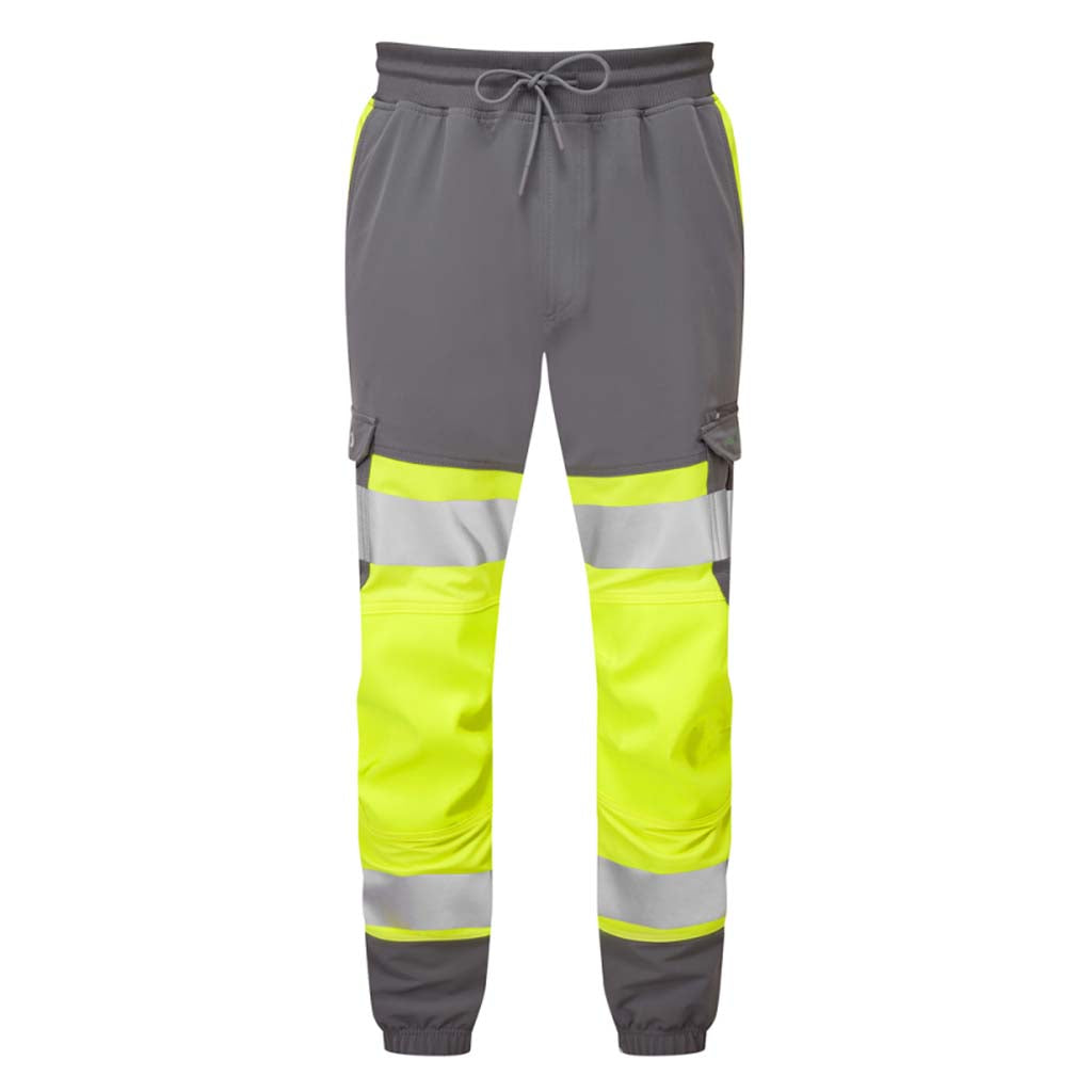 Leo Workwear Hi Vis Stretch Grey Contrast Slim Fitting Joggers - Hawkridge - JT01