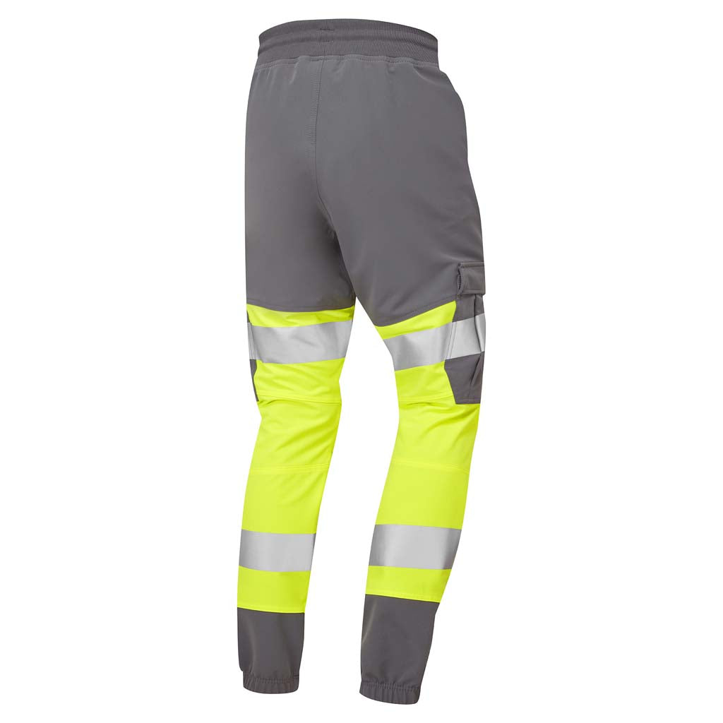 Leo Workwear Hi Vis Stretch Grey Contrast Slim Fitting Joggers - Hawkridge - JT01