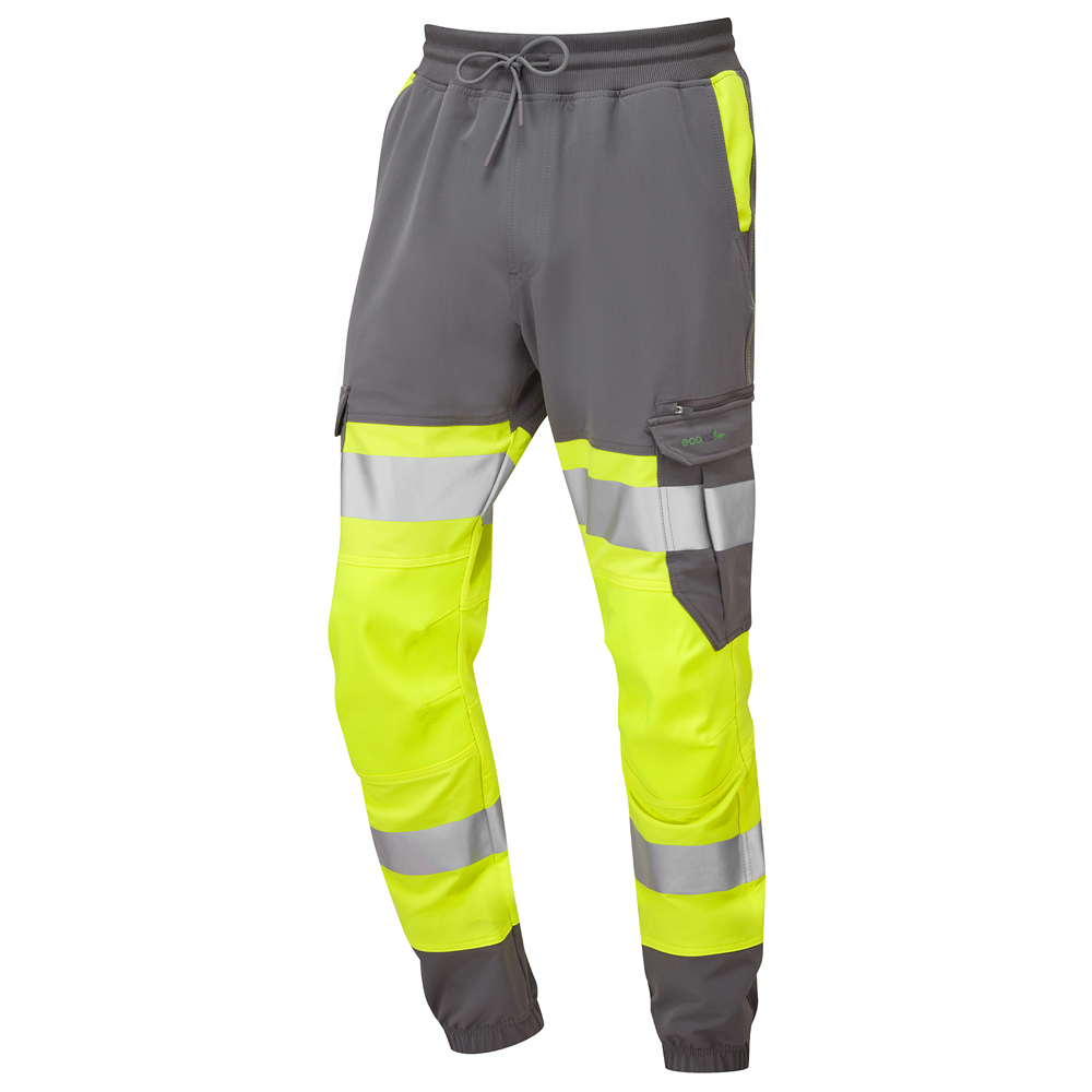 Leo Workwear Hi Vis Stretch Grey Contrast Slim Fitting Joggers - Hawkridge - JT01