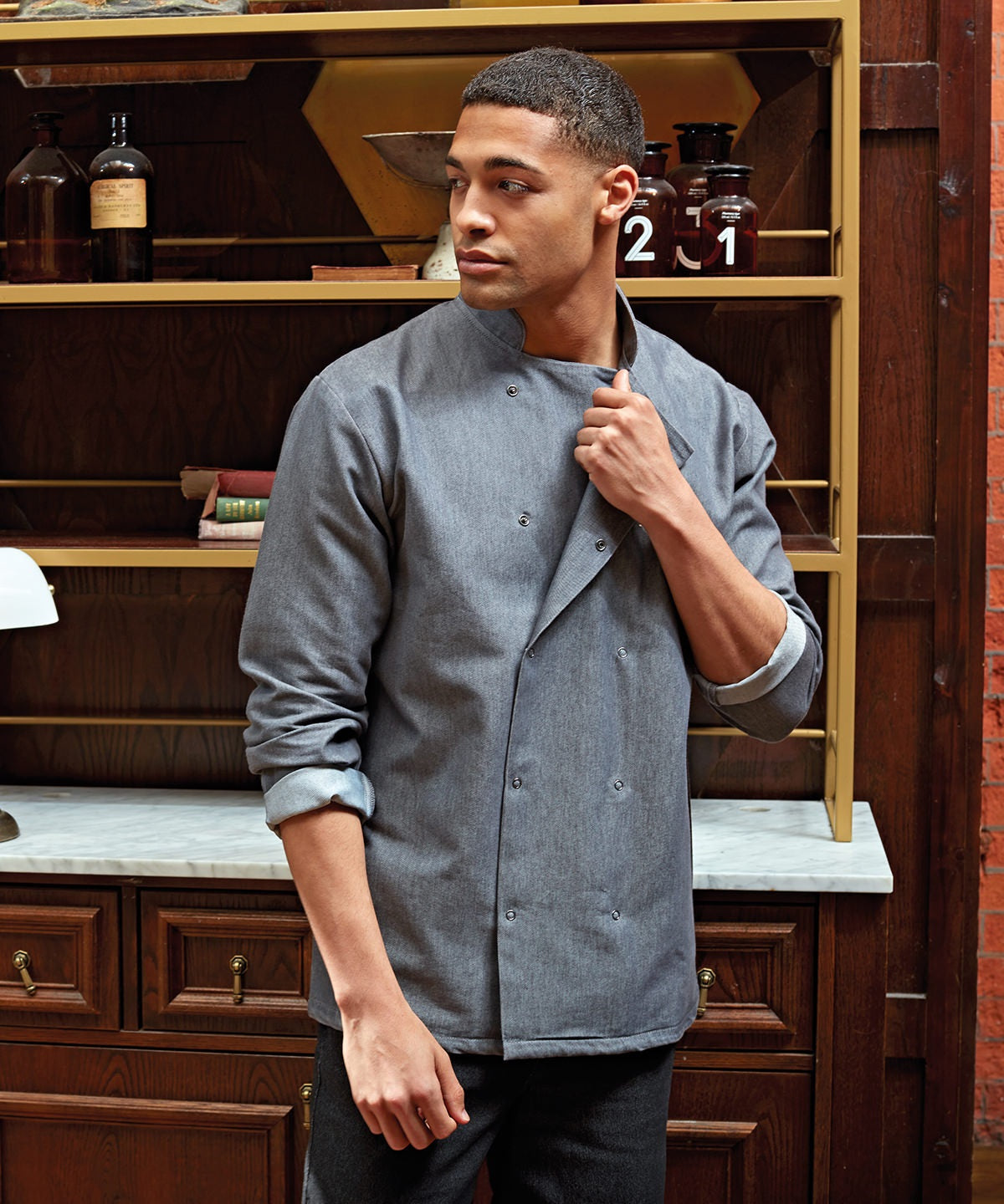 Premier Denim Chefs Jacket, Long Sleeve Stud Front Chef Coat - PR660