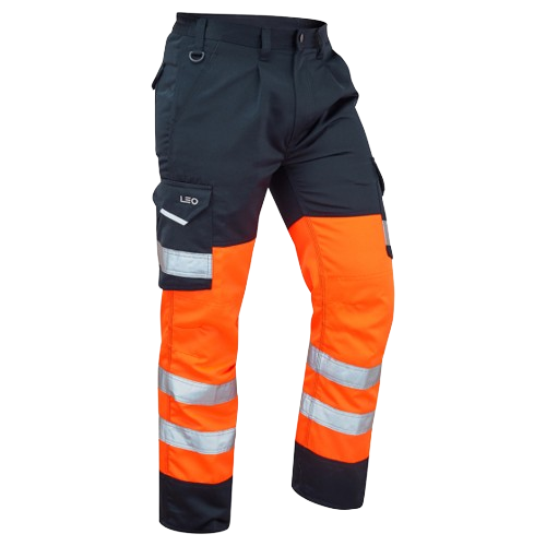 Leo Hi-Vis Orange/Navy Work Trousers with Reflective Tape